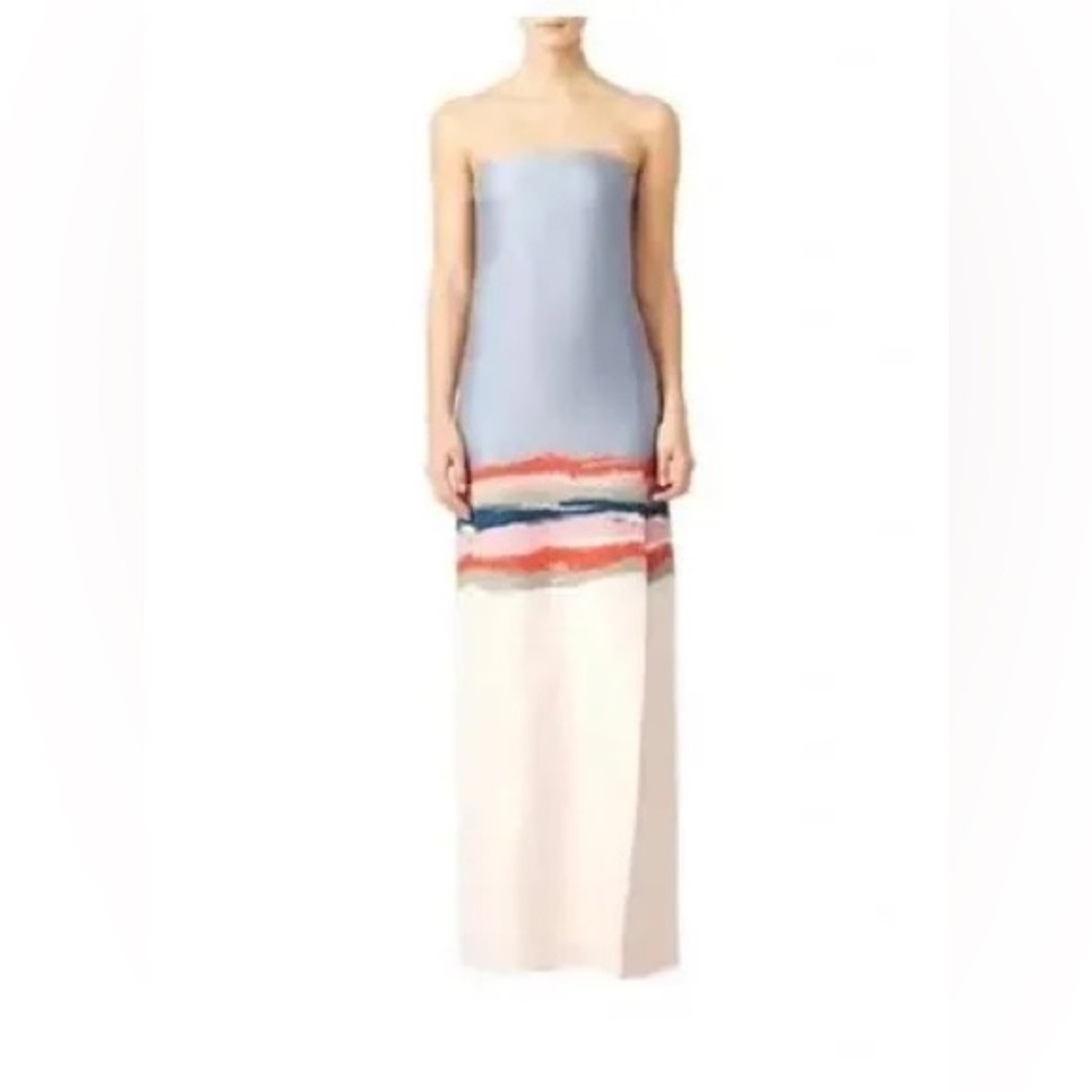 Tory Burch Strapless Colorblock Maxi Dress in Light Blue, Coral, Navy & Cream